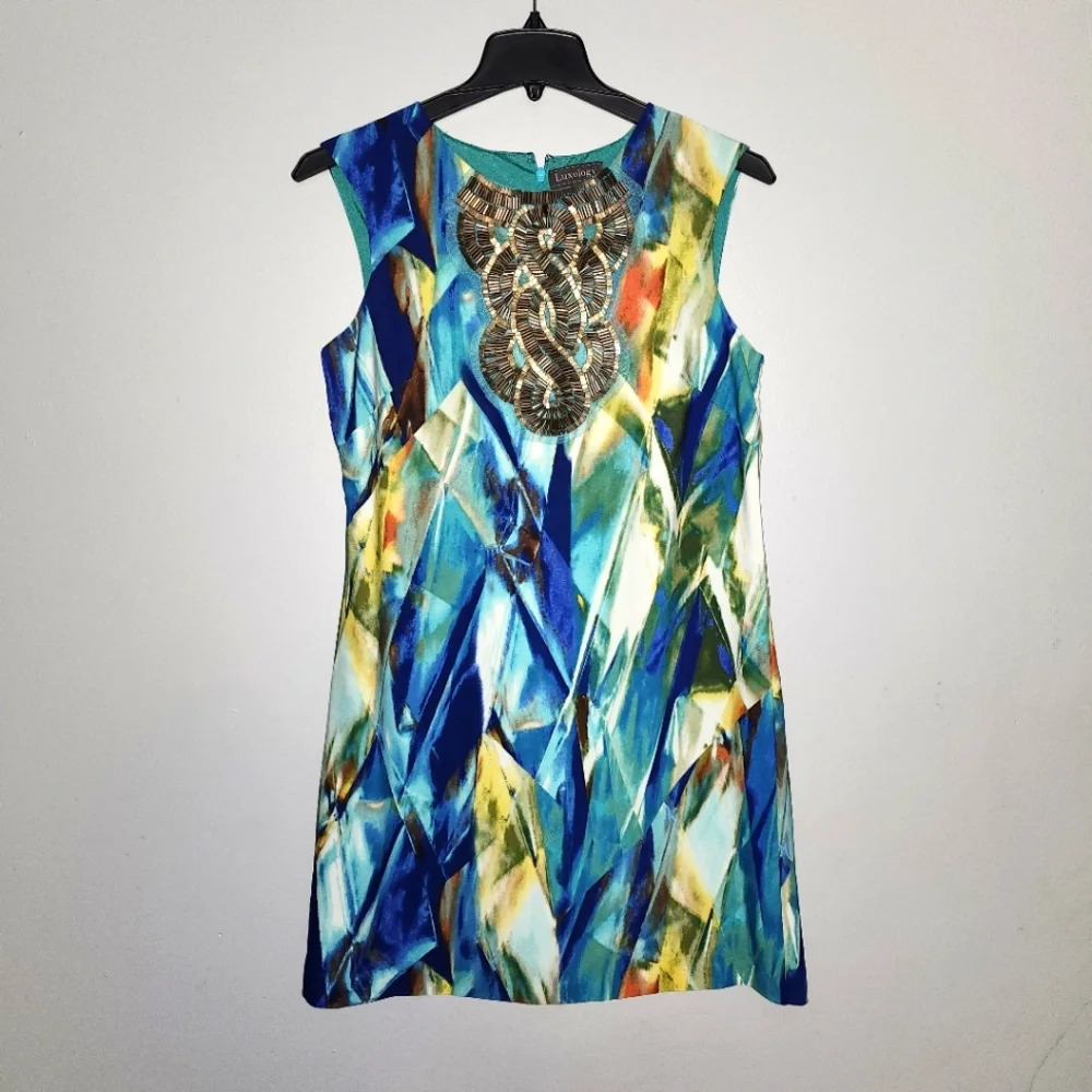 Luxology women's mini dress size 8 green and blue multicolor